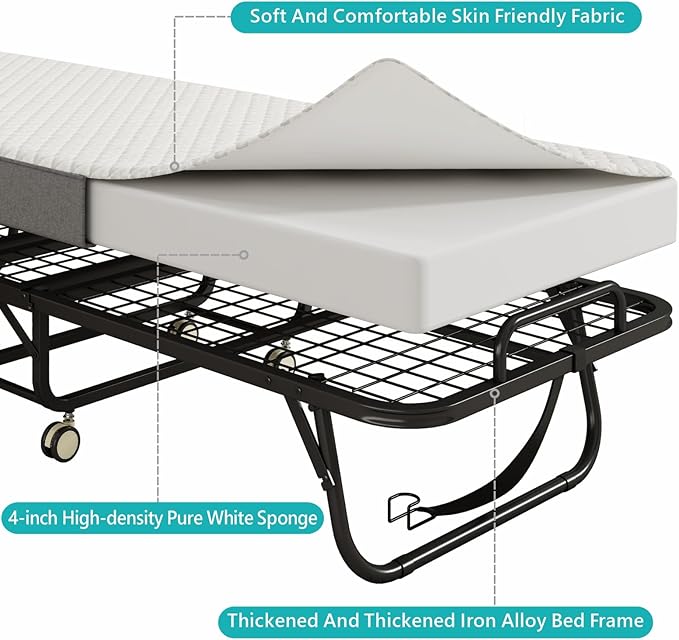 Folding Bed with Mattress for Adults, 75" x 31"Portable Cot-Size Rollaway Bed, Metal Frame Foldable Guest Bed with Memory Foam Mattress,Deluxe Single Beds with Side Storage Pocke