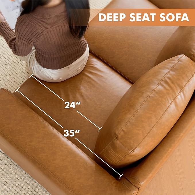 ELUCHANG 85" Luxury 3 Seater Sofa Couch for Living Room, Modern Upholstered Faux Leather Sofas Couches with Extra Deep Seats&Removable Cover, Comfy Sofa Couch for Apartment, Lounge, Brown, 2PCS