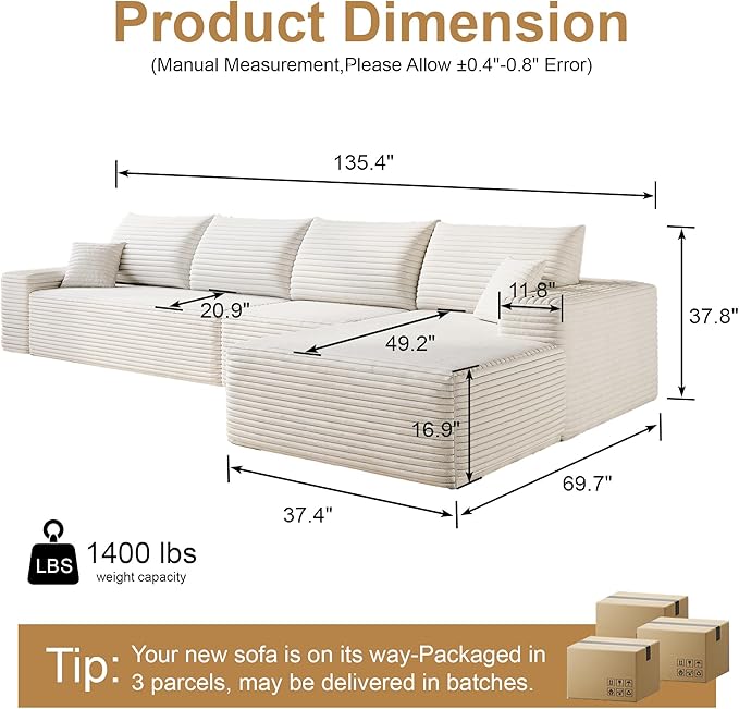 136" Sectional Couches for Living Room Cloud Couch Sofa with L-Shape Upholstered Boneless Couchs Modern Modular Sectional Couch with Chaise (White, 136" Right Facing Chaise+3Seaters)