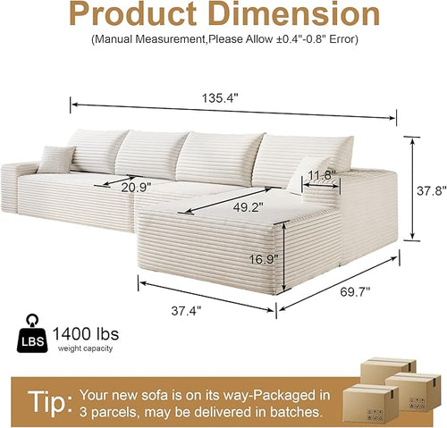 136" Sectional Couches for Living Room Cloud Couch Sofa with L-Shape Upholstered Boneless Couchs Modern Modular Sectional Couch with Chaise (White, 136" Right Facing Chaise+3Seaters)