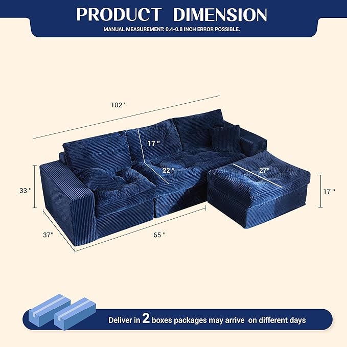 Modular Sectional Sofa, 102” L-Shaped Corduroy Couch with Ottoman, Deep Seat Comfy Sectional for Living Room, Set of Soft Upholstered Cloud Couch for Apartment, Blue