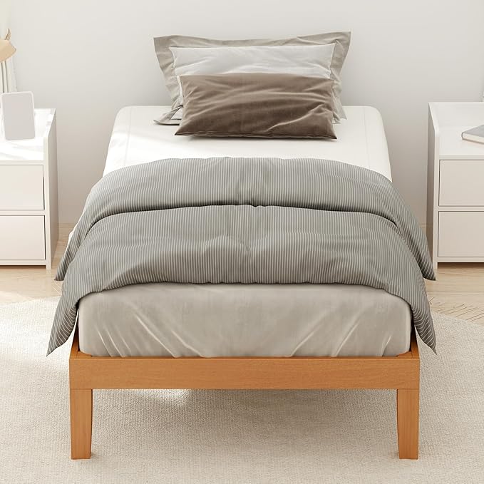 Sweetcrispy Twin Size Wood Platform Bed Frame, Solid 700LBS Heavy Duty Bed Base with Wooden Slat Support, Sturdy, Stylish & Noise-Free Design, No Box Spring Needed, 12IN Natural Pine
