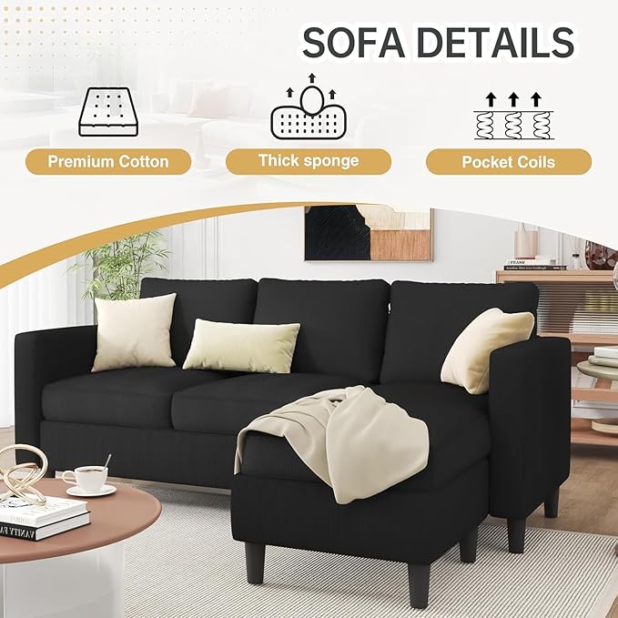 JAMFLY Couches for Living Room, 3-Seat Reversible Sectional Sofa with Convertible Ottoman, Modern Ribbed Fabric L-Shaped Couch for Small Apartment, Studio & Office, Easy Assembly, Black