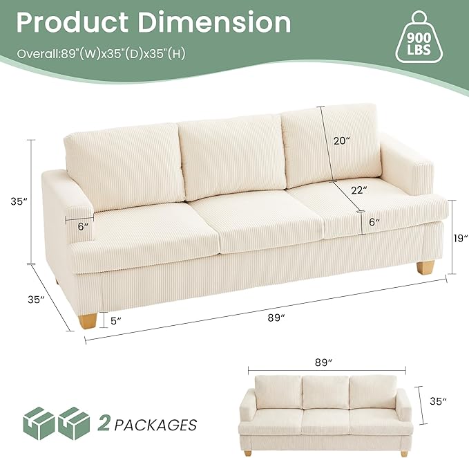 YOUDENOVA 3 Pieces Corduroy Couch Set for Living Room, 3 Seater*2 & Loveseat Cloud Sofa, Deep Seat Floor Couch for Bedroom, Futon Modern Sofa Bed, White Corduroy