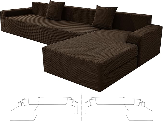 ZNSAYOTX Sectional Couch Covers, Stretch Jacquard Slipcovers with Elastic Bottom for L-Shape Sectional Sofa, 2 Pcs Pet Friendly Modular Sofa Protector (3 Seat Couch + 3 Seat Chaise, Dark Coffee)