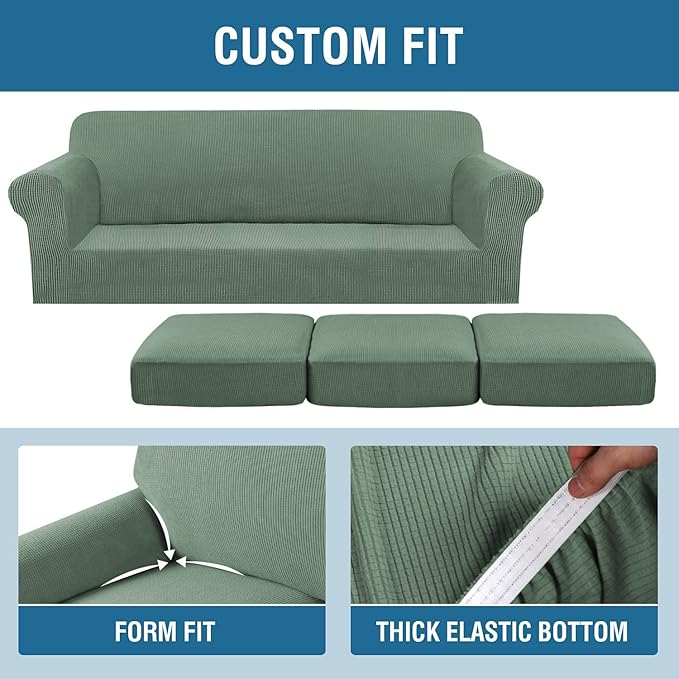 H.VERSAILTEX 4 Piece Stretch Sofa Covers for 3 Cushion Couch Covers for Living Room Furniture Slipcovers (Base Cover Plus 3 Seat Cushion Covers) Upgraded Thicker Jacquard Fabric (Sofa, Loden Frost)