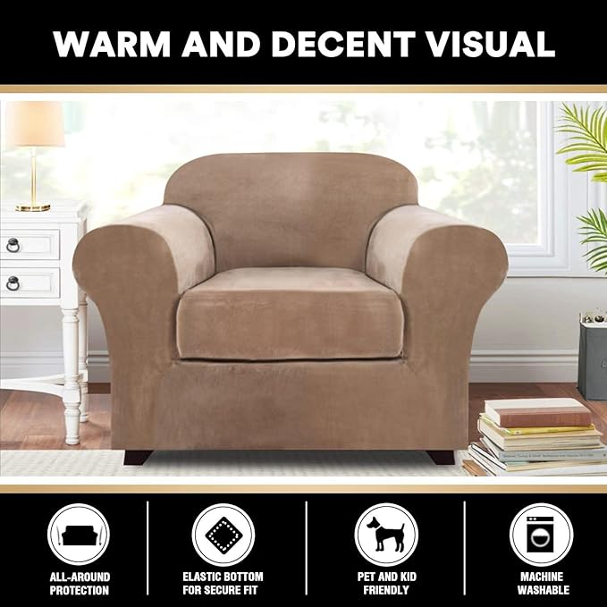 PrinceDeco Velvet Plush Couch Cover Stretch 2 Piece Chair Cover Chair Slipcover Washable Furniture Protector Couch Soft with Elastic Bottom Armchair Cover Width Up to 49 Inch(Small, Camel)