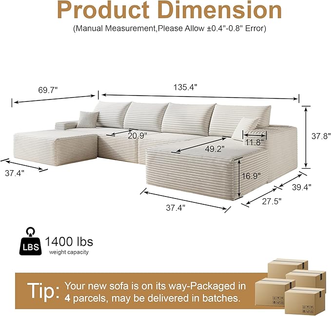 136" Sectional Couches for Living Room Cloud Couch Sofa with L-Shape Upholstered Boneless Couchs Modern Modular Sectional Couch with Chaise (White, 136" Right Facing Chaise+3Seaters+Ottoman)
