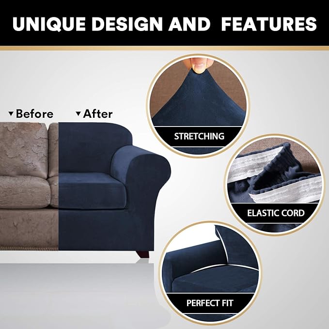 PrinceDeco Velvet XL Couch Cover for Oversized Sofa 4 Piece Sofa Covers for 3 Cushion Couch Washable Furniture Protector with Non Slip Elastic Bottom Width Up to 97 Inch(X-Large, Navy)