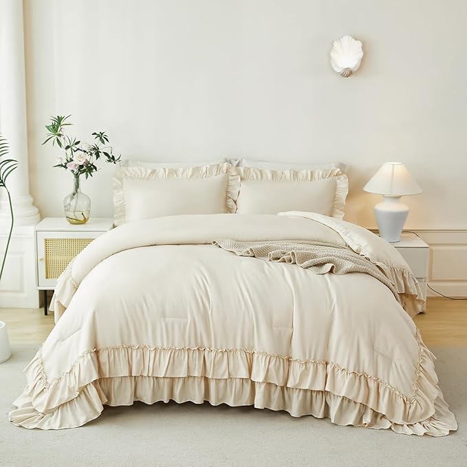 ANGIYUIN Beige Ruffle Comforter Set King Size 5 Pieces Solid Farmhouse Boho Bed in A Bag Soft Lightweight Fluffy Shabby Bedding Set with Sheet Sets for Women(Beige King)