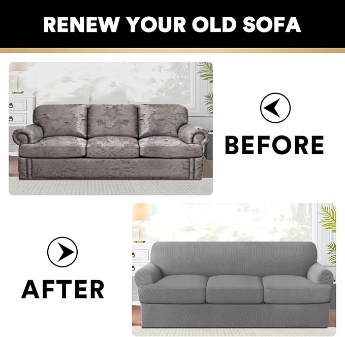 PrinceDeco T Cushion Sofa Slipcover 4 Pieces Sofa Covers for T Cushion Couch Soft Sofa Slip Covers Furniture Protector with 3 Individual T Shape Seat Covers (70"-88") Washable, Dove