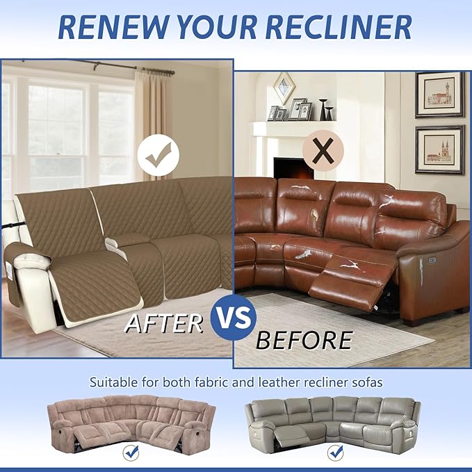 Arfntevss Recliner Sectional Couch Covers 1OO% Waterproof L Shape Sofa Cover for Reclining L Shaped Sectional Slipcover Dog Washable Corner Non Slip Protector (5 Seater with 1 Console, Tan)