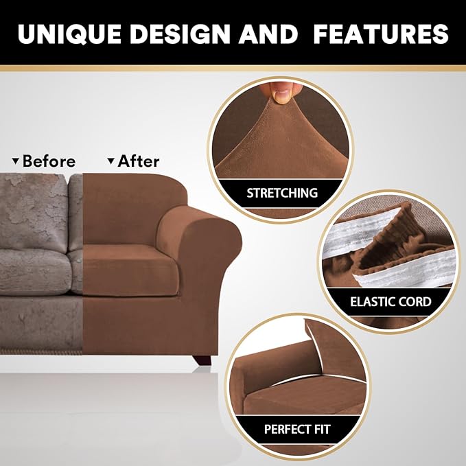 PrinceDeco Couch Cover Velvet Plush Sofa Covers for 2 Cushion Couch Width Up to 90 Inch Washable Furniture Protector Pet Friendly No Slip Sofa Slipcover(Medium-Large, Caramel)