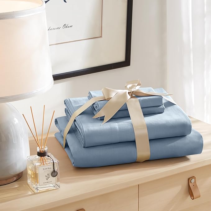 Comfort Spaces 100% Cotton Sheet Set Breathable, Lightweight, Soft with 14" Elastic Pocket Fits up to 16" Mattress, All Season Cozy Bedding, Matching Pillow Case, Queen Blue 4 Piece