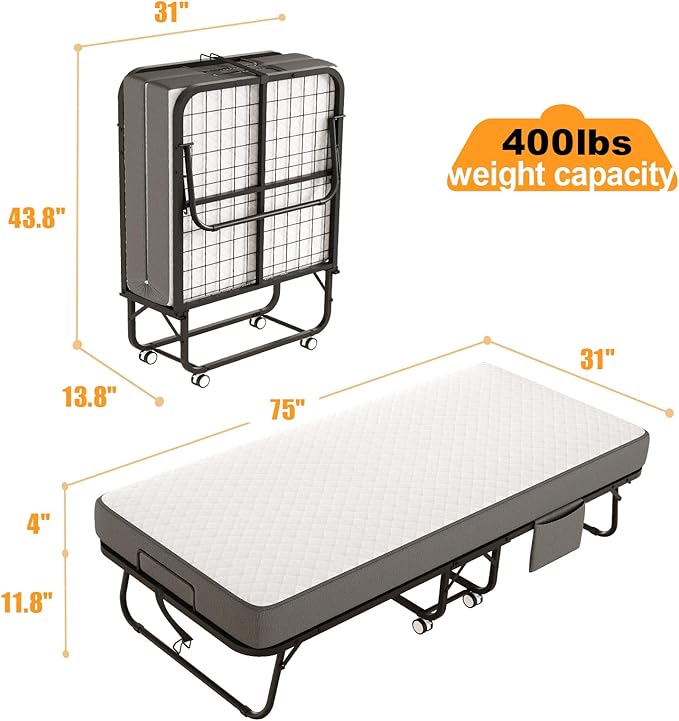 Folding Bed with Mattress, 75" x 31" Rollaway Bed with Memory Foam Mattress for Adults, Portable Foldable Guest Bed with Metal Frame, Luxury Single Bed for Home& Office Space Saving