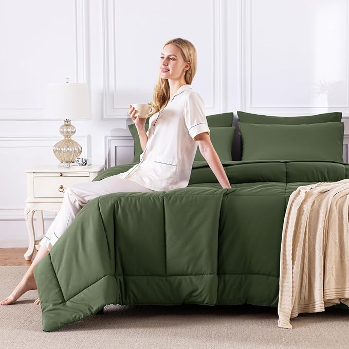 CozyLux King Size Comforter Set Olive Green, 7 Pieces Bed in a Bag, Green Comforter King Size, All Season Bedding Sets with Stitch Quilted Comforter, Flat Sheet, Fitted Sheet, Pillowcases