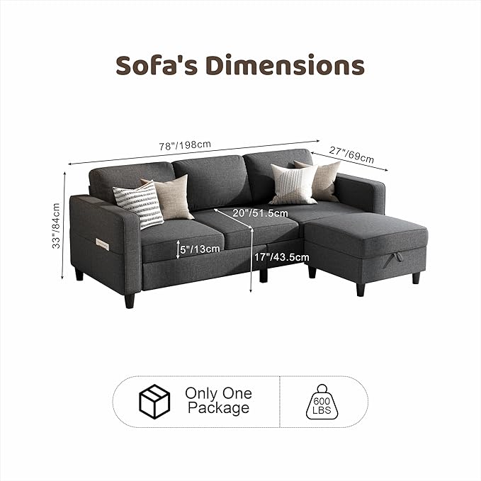 Sectional Sofas Couches for Living Room 78" L-Shaped Small Couch - Modern Linen Dark Grey Sofa with Storage Ottoman for Apartments, Studios Home Offices, Small Space