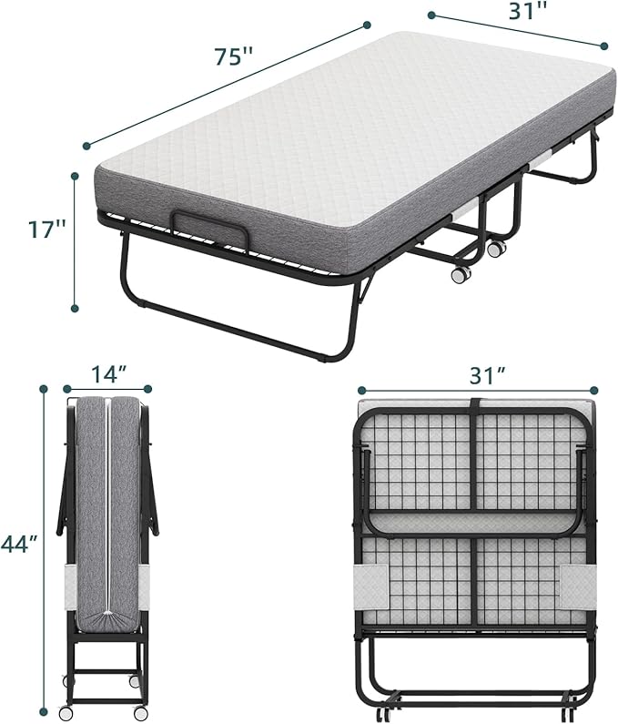 Espsilto Folding Bed with Mattress for Adults, 75x31 Cot Size Portable Foldable Roll Away Beds for Guest with Memory Foam Mattress, Space Saving Fold Up Bed