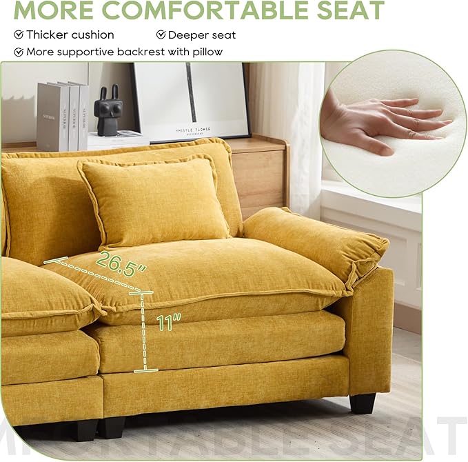 86" Modular Sectional Sofa, Comfy Cloud Couch Sectional Sofa with Ottoman, Chenille Sofa Sleeper Deep Seat Sofa with Throw Pillows for Living Room (Yellow, 86"- L Shape)