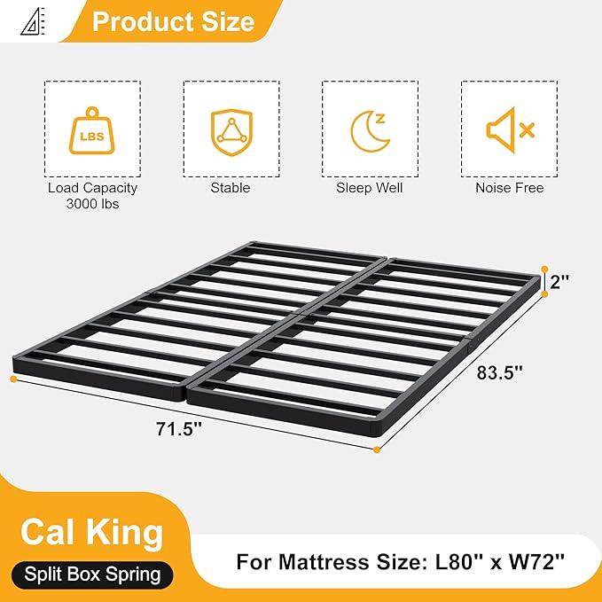 Lutown-Teen 2 Inch Split Cal King Box Spring Low Profile, Heavy Duty Metal Bunkie Board California King, Easy Assembly, Noise Free