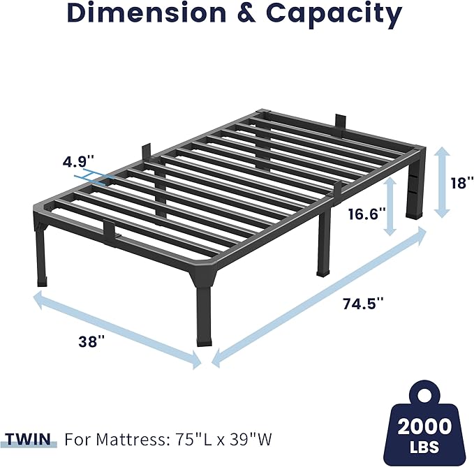 Superay Twin Bed Frame with Mattress Slide Stopper, 18 Inch Metal Platform Bed Frame, Heavy Duty Tall Bed Frame No Box Spring Needed with Large Storage Space, Easy Assembly, Noise Free