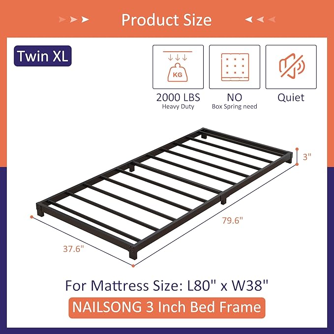Nailsong 3 Inch Twin XL Bed Frames Low Profile, XL Twin Bed Frame No Box Spring Needed, Heavy Duty Metal, Easy Assembly, Black