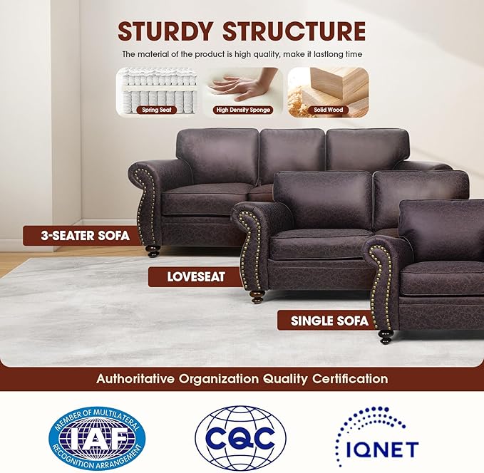 Living Room Furniture Sets,Sofa Sets and Couch Sets for Living Room,Mid-Century Vintage Sofa Couches with Rivet Design (Brown, Single+3 Seater)