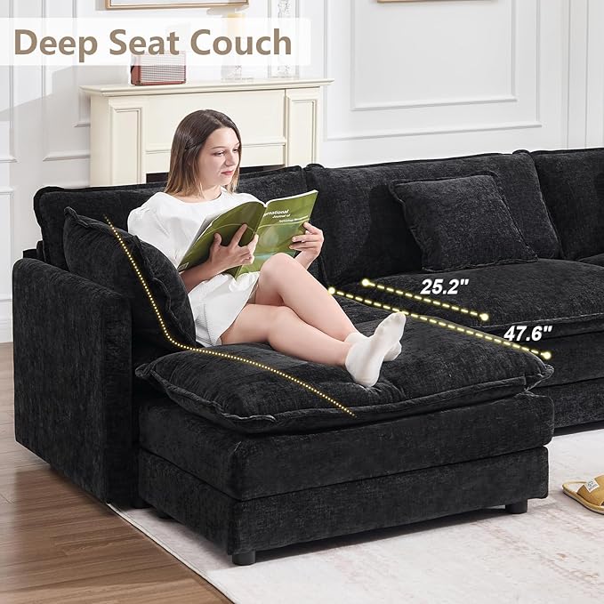 147" Modular Sectional Sofa, Oversized U Shaped Sectionals Cloud Couch, Big Comfy Couch with 2 Ottomans, 6 Seater Chenille Sectional Sofa with Deep Seat and 6 Pillows for Living Room- Black