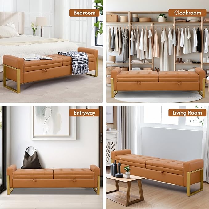 67" End of Bed Bench King Size, Leather Storage Bench for Bedroom Foot of Bed, Double Lids Storage Bench with Golden Legs, Upholstered Ottoman Bench for Living Room Window Entryway, Brown