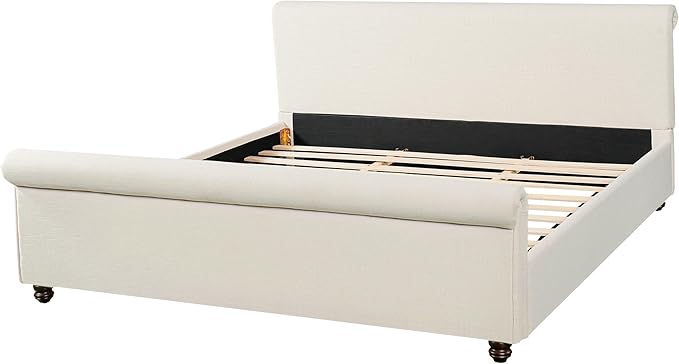 Christopher Knight Home Chenzi Linen Upholstered King Bed Frame and Headboard with Footboard, Wooden Platform King Size Bed Frame and Double-Layer Oval Legs, No Box Spring Needed, Beige