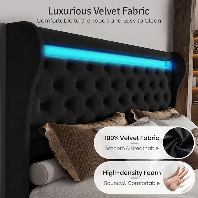 Belffin King Size Bed Frame with Headboard,50" Tall Headboard Upholstered Velvet Platform Bed with LED Lights & 2 USB Port/1 Type C Port, Button Tufted, No Box Spring Needed,Noise Free,Black