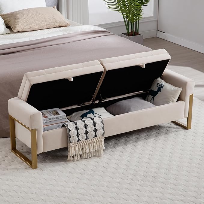 67" Storage Bench for Bedroom End of Bed, Velvet King Size Bed Bench with Double Lids and Gold Legs, Storage Ottoman Bench with Arms for Living Room Window and Entryway, Beige