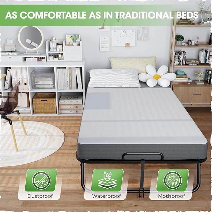 75" x 38" Twin Folding Bed with 5" Memory Foam Mattress – Foldable Rollaway Guest Bed with Wheels & Metal Frame, Portable for Apartments, Adults, and Home Use