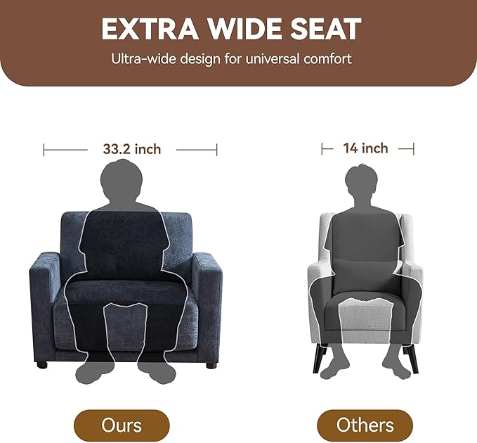 44.2" Chenille Oversized Chair with Movable Ottoman, Modular 1 Seat Couch with Thickened Cushions, Modern Single Sofa Chaise Lounge Reading Chair for Living Room, Small Apartment, Blue