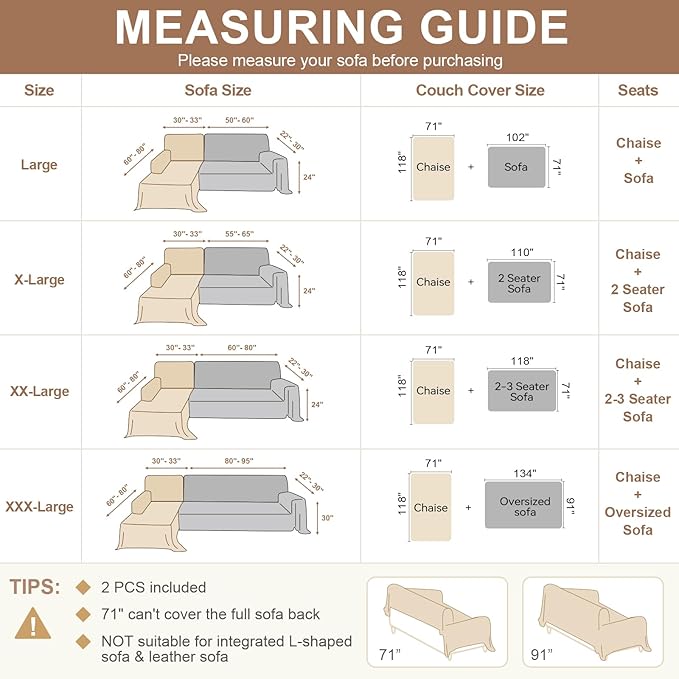 OstepDecor Sectional Couch Covers 2 Pieces, L Shaped Couch Cover Blanket, Sectional Sofa Cover Washable, Chaise Lounge Sofa Slipcovers Pet Furniture Protector for Dogs (71"x110"+71"x118", Khaki)