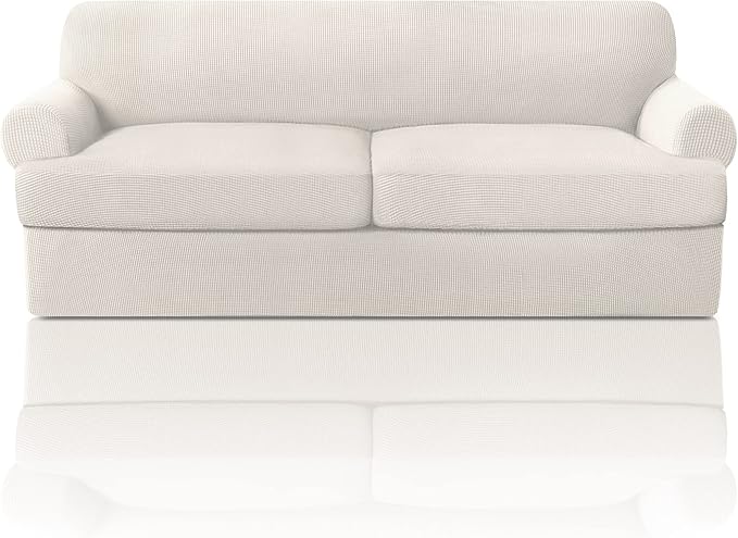 PrinceDeco T Cushion Sofa Slipcover 3 Pieces Sofa Covers for T Cushion Couch Soft Couch Covers Sofa Slip Cover Furniture Covers with 2 Individual T Shape Seat Covers Width Up to 88", Ivory