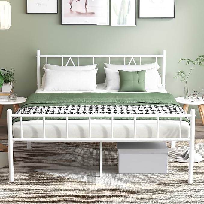 Decorwise 14 Inch Queen Size Bed Frames with Headboard/Footboard, Under Bed Storage, Strong Metal Slats Support, No Box Spring Needed, Noise Free, Easy Assembly, White