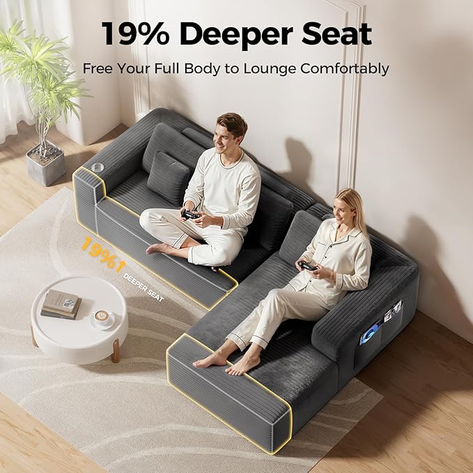 108” Cloud Sectional Couch, Modern Modular Sectional Sofa with Deep Seat, Corduroy Boneless Couches with Chaise, L-Shaped Sofa for Living Room, 4 Storage Pockets (Right Facing Chaise, Grey)