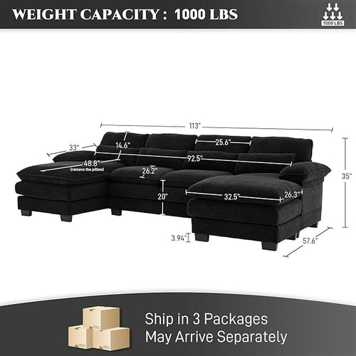 113" Cloud Couch Sectional Modular Sofa U Shaped Sectional Couches for Living Room Comfy 5-Seater Deep Seat Couch Chenille Cloud Sectional Sofa with Movable Ottoman & 4 Pillows, Black