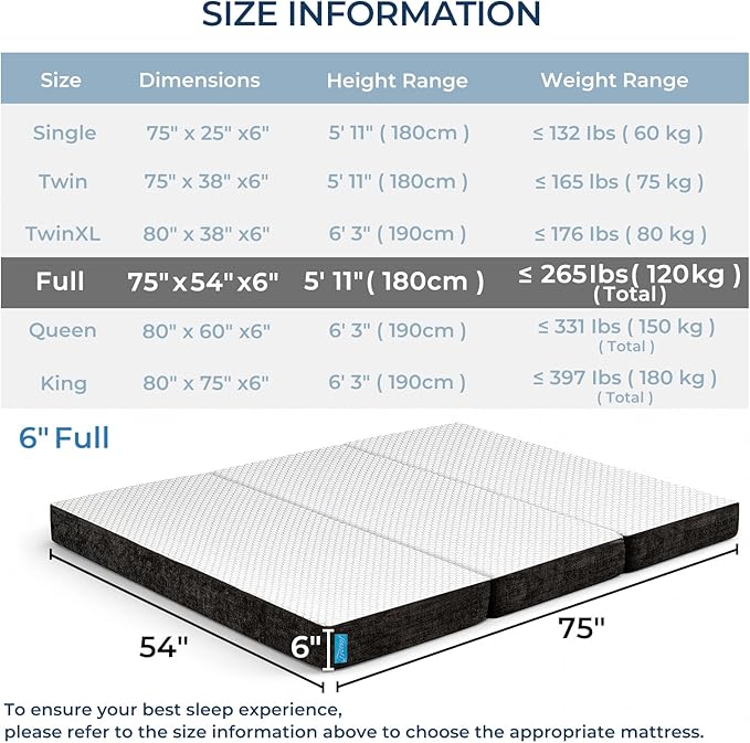 Odorless Foldable Mattress Full Size 75" x 54" x 6", 6 Inch Medium Firm Folding Foam Mattress with Storage Bag, Fiberglass Free Trifold Memory Foam Mattress for RV, Guest Bed