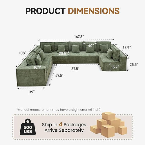167'' Boneless Chenille U Shaped Couch, Oversized Modular Sectional 8 Seater Sofa, Modern Deep Seat Corner Cloud Compressed Couch, No Assembly Sleeper Sofa with Chaise for Living Room, Green