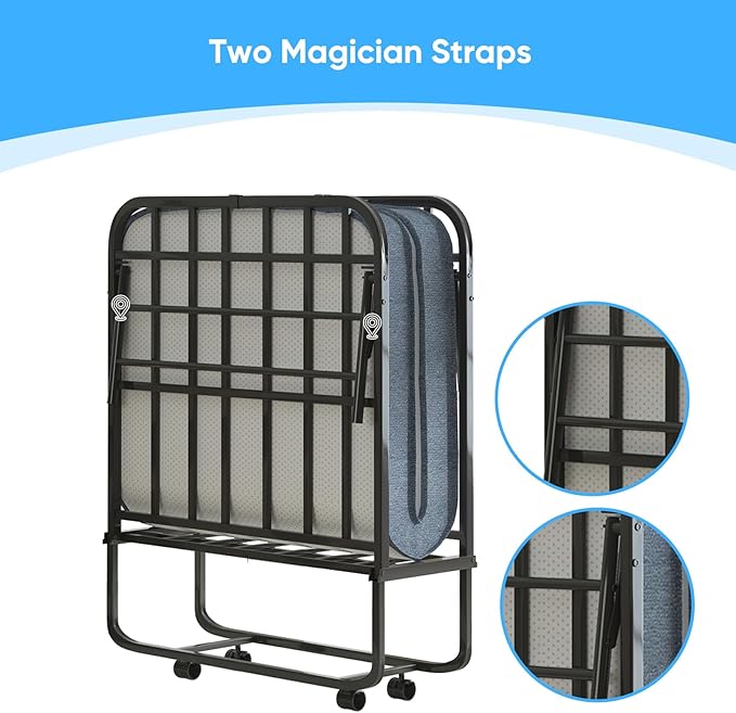 Mjkone Folding Bed with Mattress, 5 Inch Rollaway Bed for Adults, 75" x 31" Roll Away Beds with Lockable Wheels, Sturdy Metal Fold Up Frame for Bedroom/Guest, Space Saving