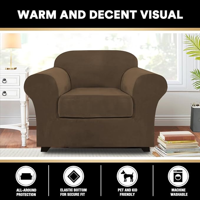 PrinceDeco Velvet Plush Couch Cover Stretch 2 Piece Chair Cover Chair Slipcover Washable Furniture Protector Couch Soft with Elastic Bottom Armchair Cover Width Up to 49 Inch(Small, Bronze Brown)
