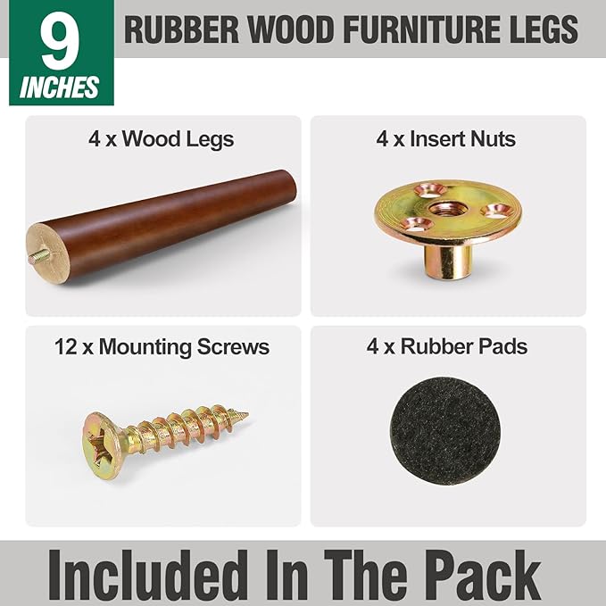 FoDau770 Brown Rubber Wood Furniture Legs 9 Inches, Slant Tapered Wood Feet Mid Century Sofa Legs Set of 4, 5/16" UNC Furniture Feet Replacement Parts for Cabinet Couch Dresser Chair Ottoman Table