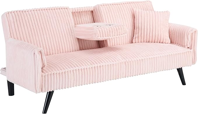 72” Convertible Sofa Bed with Foldable Cup Holder,Straight-line Corduroy Sofa,Suitable for Living Room,Bedroom,Office,Pink