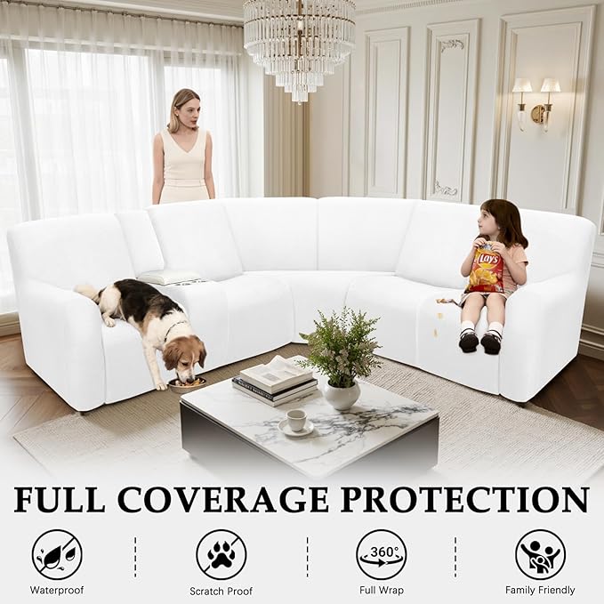 Waterproof Reclining Sectional Couch Covers Washable L Shaped Couch Cover for Sectionals Recliner Sofa Covers Stretch Corner Recliner Slipcovers for Dogs (5 Seater 1 Console Cover, White)