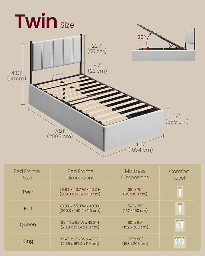 VASAGLE Lift Up Storage Bed Frame Twin Size, Hydraulic Platform Bed, with Upholstered Headboard, 550 lb Weight Capacity, No Box Spring Needed, Easy Assembly, Modern, Dove Gray URMB603G01