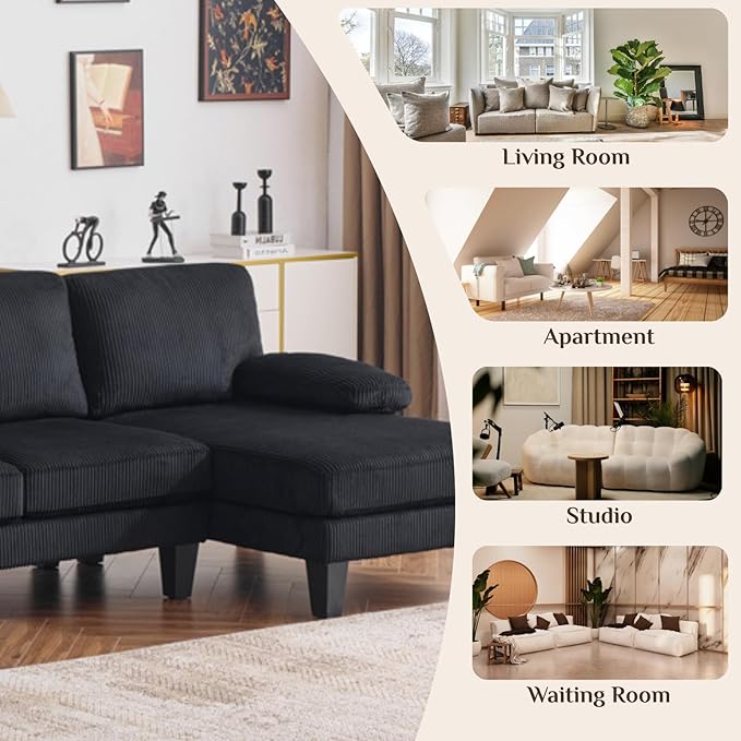 Karl home 111" Sectional Sofa U-Shaped 4-Seat Couch with Chaises Wood Grian Legs Corduroy Fabric Upholstered for Living Room, Apartment, Office, Black