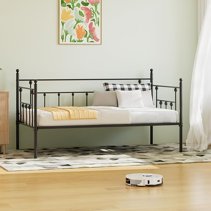 VECELO Daybed Frame, Twin Size Metal Platform Bed with Headboard,Heavy Duty Steel Slats Support for Living Room Bedroom Guest Room, Easy Assembly