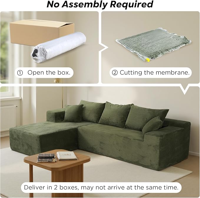 Green 103“ Sectional Couches for Living Room, Boneless Couch with L-Shape Chaise, Modular Sofa in Box with Deep Seat, No Assembly Required
